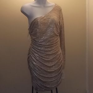 NWT City Studio One Shoulder Gold Sparkle Dress Size L . Super Cute